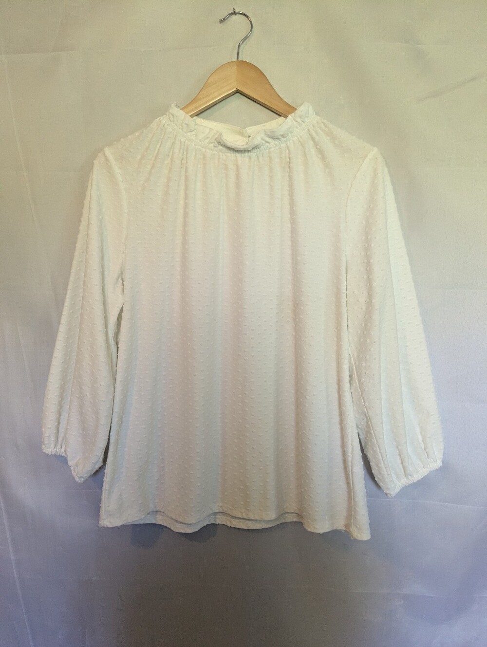 Adrianna Papell Clip Dot Textured Ruffle Neck Top Cream Large